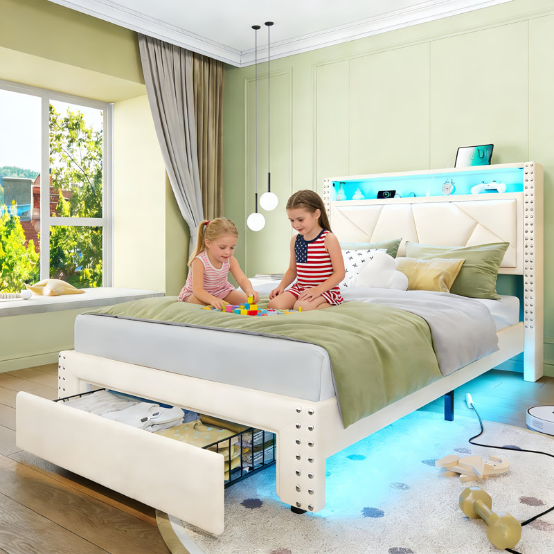 Lit avec rangement en velours pour adolescents avec tiroir et station de charge, Beige