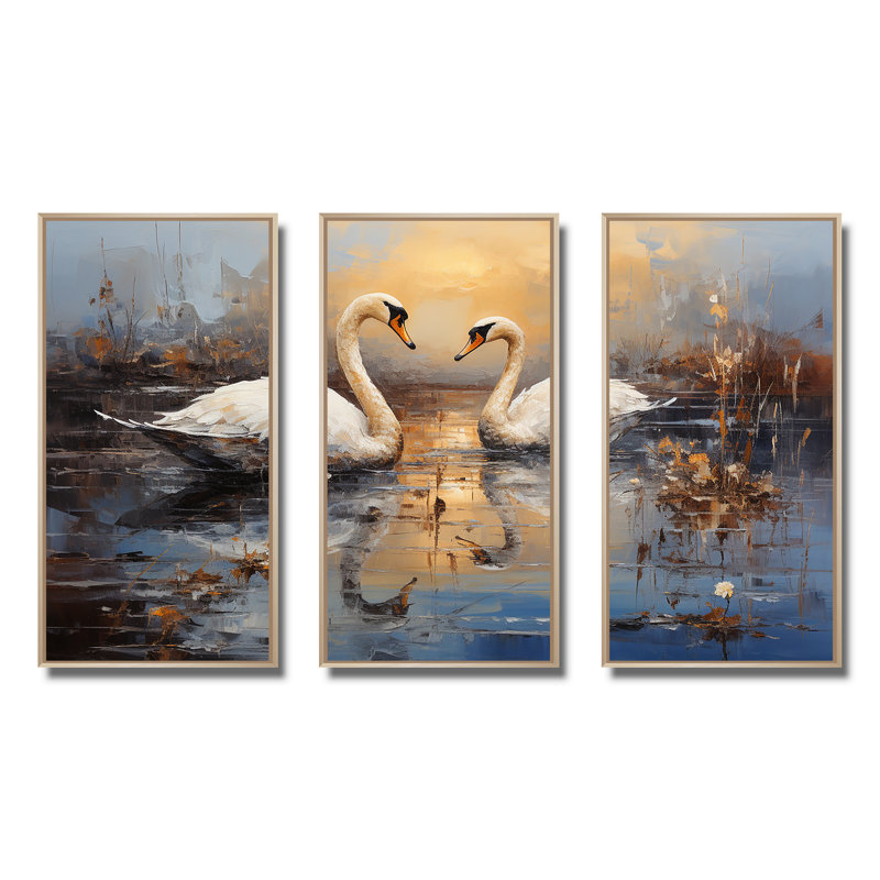 White Swans Harmony Moonlight Pond V - Art mural animaux cygnes, Cadre flottant brun, H 32 po x l 48 po