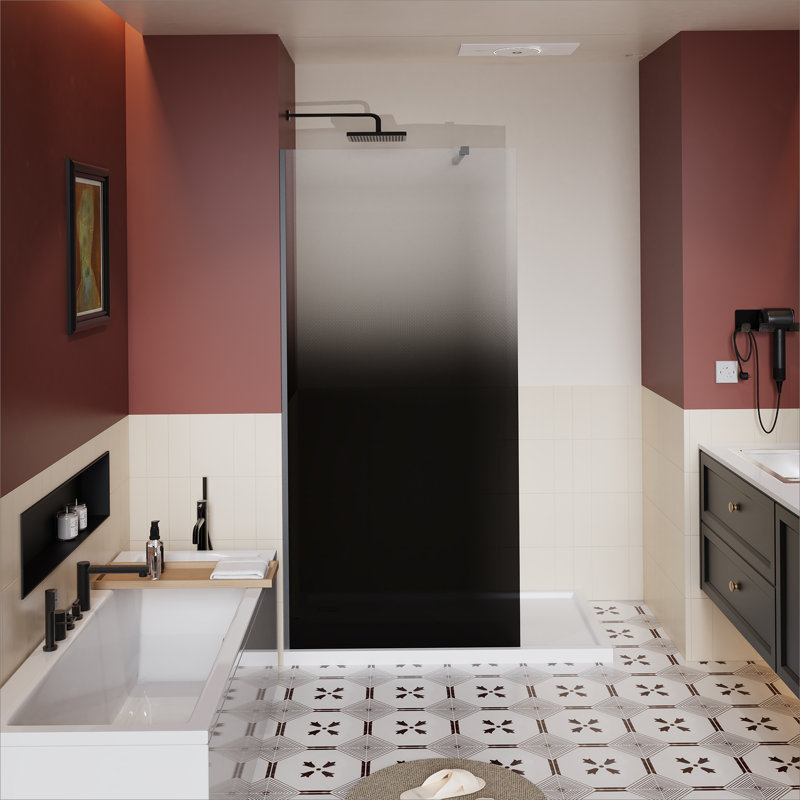 Porte de douche 34 po x l 72 po H fixe, porte de douche en verre trempé noir dégradé de 1/4 po d'épaisseur avec poignée en acier inoxydable pour douche à l'italienne