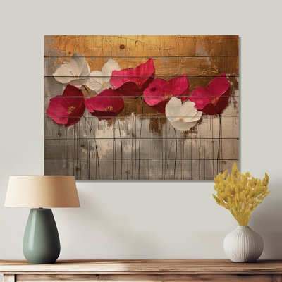Fleurs de rose roses - Golden Horizon II - décoration murale en bois de fleurs sauvages - sur bois de pin naturel