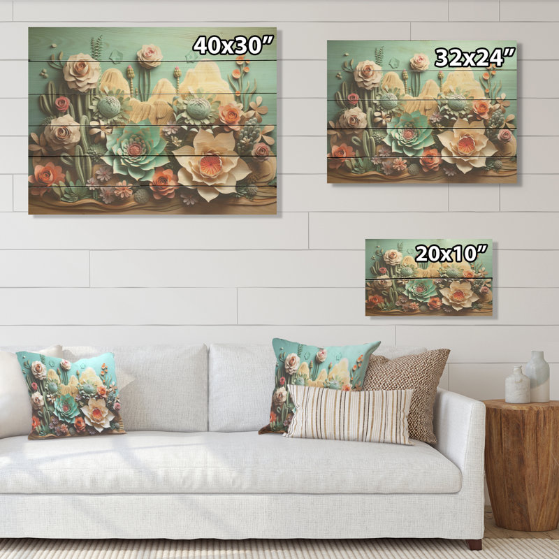 Cactus menthe mirage - Art mural en bois de cactus sur bois de pin naturel, H 30 po x l 40 po