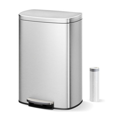 13 gal / 50 L Stainless Steel Kitchen Trash Can with Lid, Large Rustproof Garbage Can for Kitchen, Step-on Metal Trash Bin with Inner Bucket, Rear Handle, Soft Close Lid, Silver