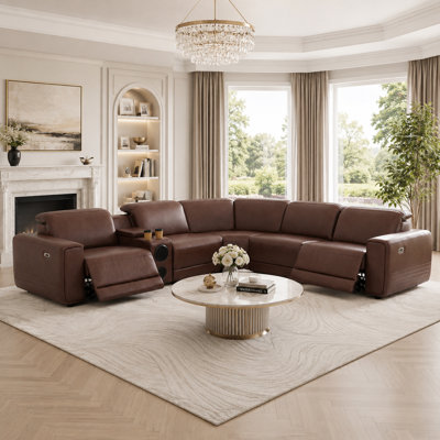 Victor 6-Piece Modern Faux Leather Power Reclining Sectional Sofa With Bluetooth Speakers, Adjustable Headrests, Hidden Storage Console, USB Charging Ports & Cup Holders