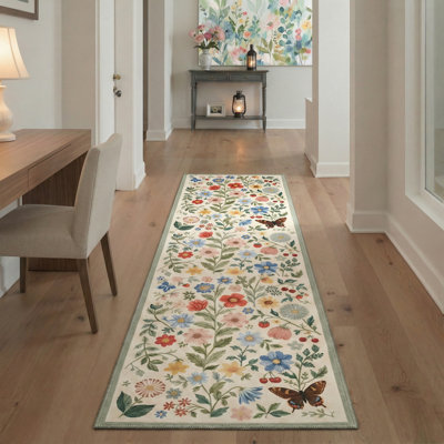 Aura Floral Machine Washable Pink / Green / Blue / Beige Indoor Area Rug with Non-Slip Backing