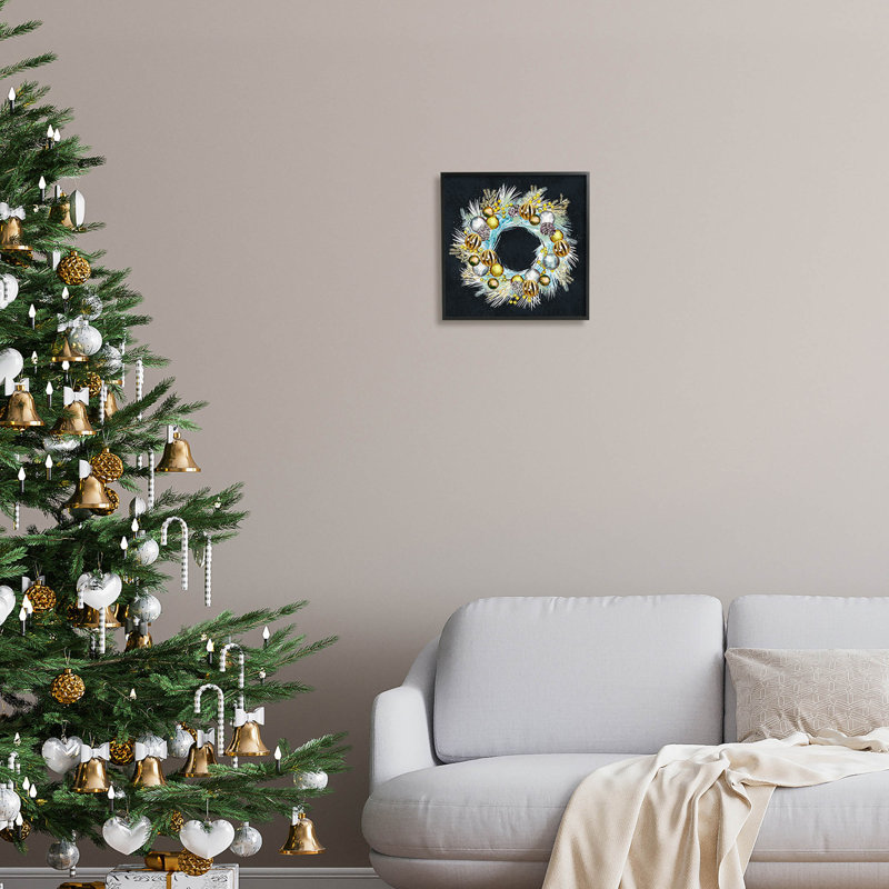 Couronne de pin brillante et saisonnière - 175, H 12 po x l 12 po x P 1,5 po, Giclée encadrée noir minuit