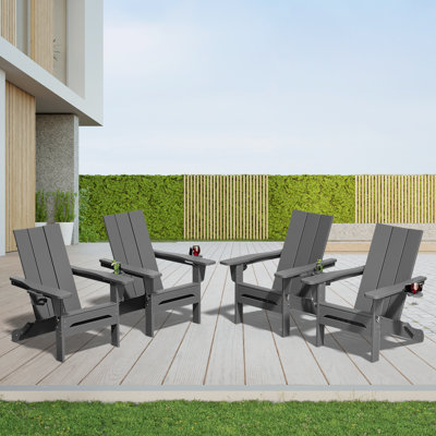 Wolak High Density Polyethylene Folding Adirondack Chair With Double Cup Holder(Set Of 4)