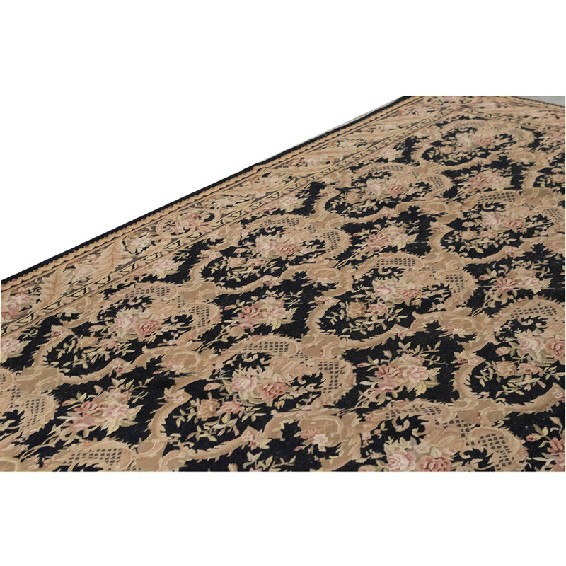 Tapis unique noué à la main noir / vert / beige de haute qualité