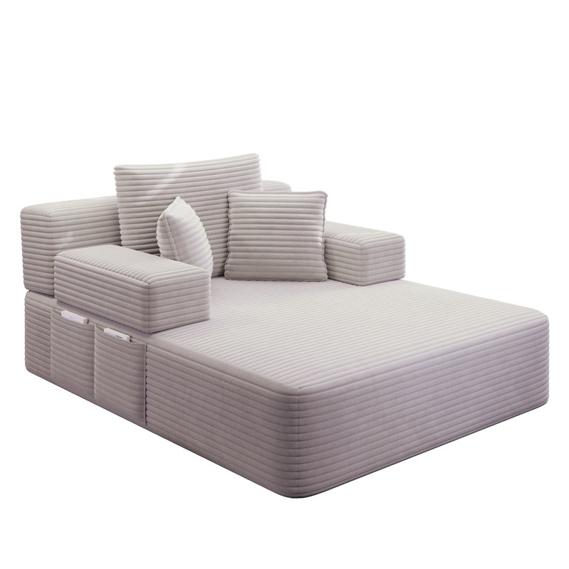 Luxueuse chaise longue en velours côtelé moelleux avec 3 coussins, canapé-lit convertible avec poche de rangement, conception sans cadre et mousse de compression pour les petits espaces, salon, appartement, gris clair