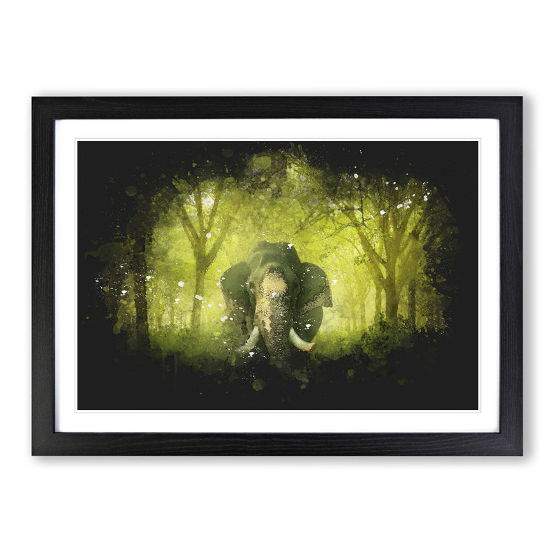 Marvellous Elephant in a Green Forest - Picture Frame Painting Print, 62cm H x 87cm W x 2cm D, Black Framed