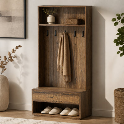 70.87-Inch Hall Tree with Bench and Shoe Storage, 5-in-1 Organizer with Drawer and 5 Hooks