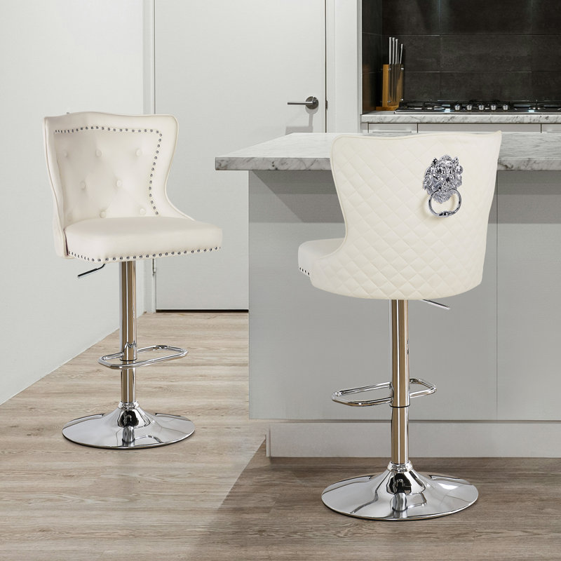 Swivel Velvet Counter Height Bar Stools With Lion Head Pull Ring For Kitchen Island, Cream