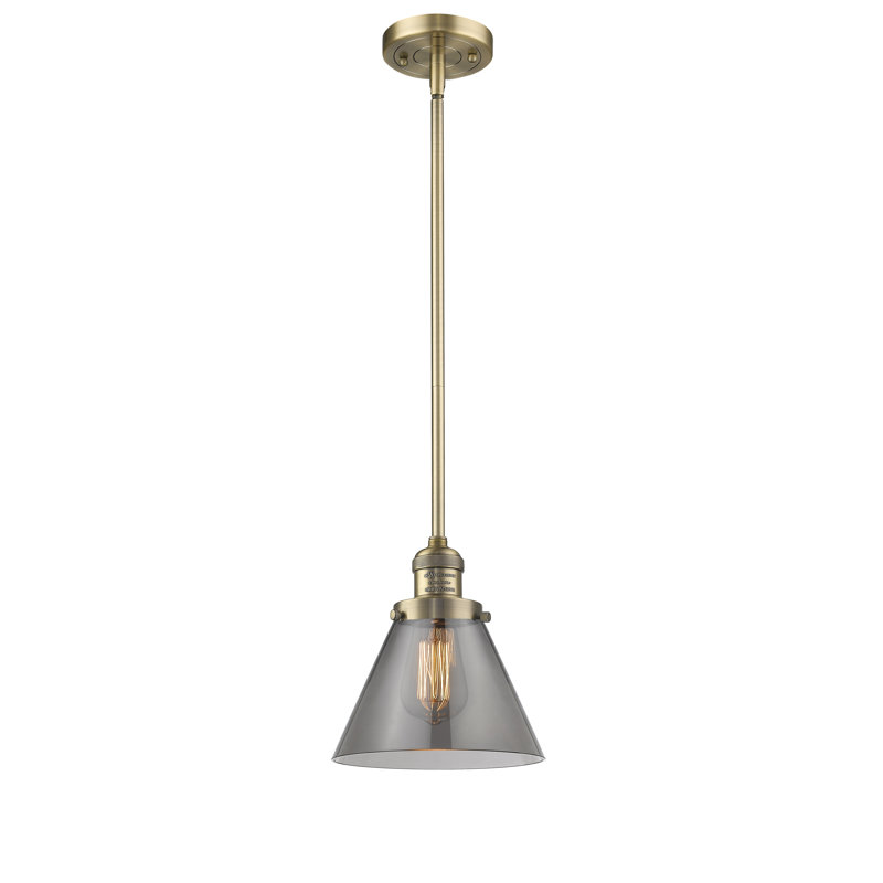 Luminaire suspendu conique à 1 lumière Milardo, H 10 pi x l 8 po x P 8 po, Fumée, Laiton brossé