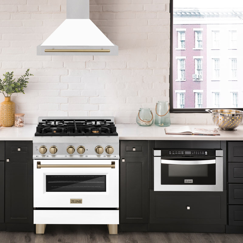 Hotte murale en acier satiné 30 po ZLINE Autograph Edition, Blanc mat / bronze champagne