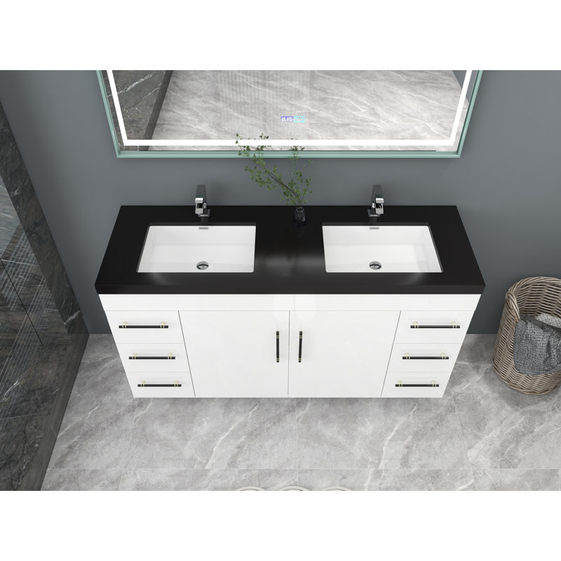 Campbelle 60'' Double Bathroom Vanity with Plastic Top, High Gloss White, Matte Black