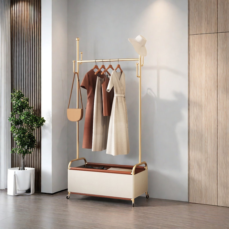 Sturdy Coat Rack with Mobile Base & Shelf, Gold