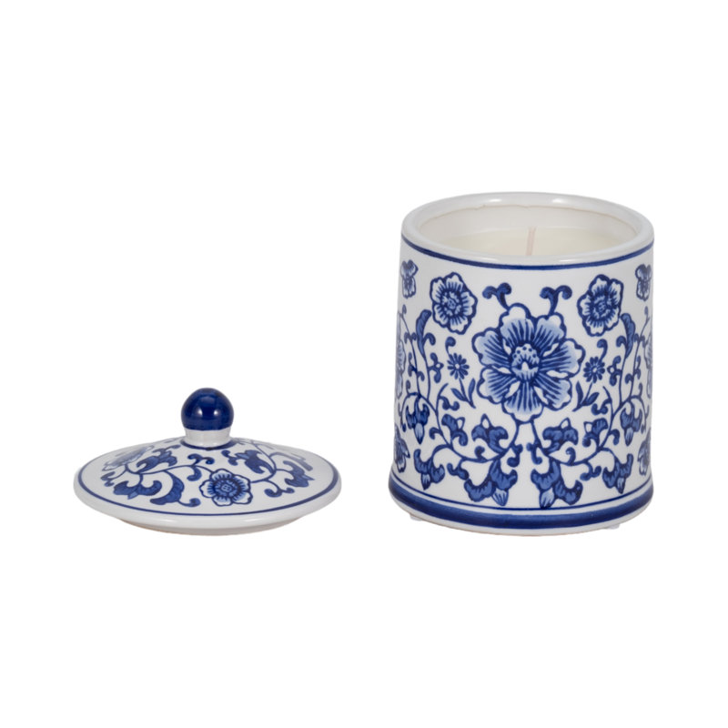 Bougie parfumée en céramique 6 po 8 oz avec couvercle, bleu / blanc