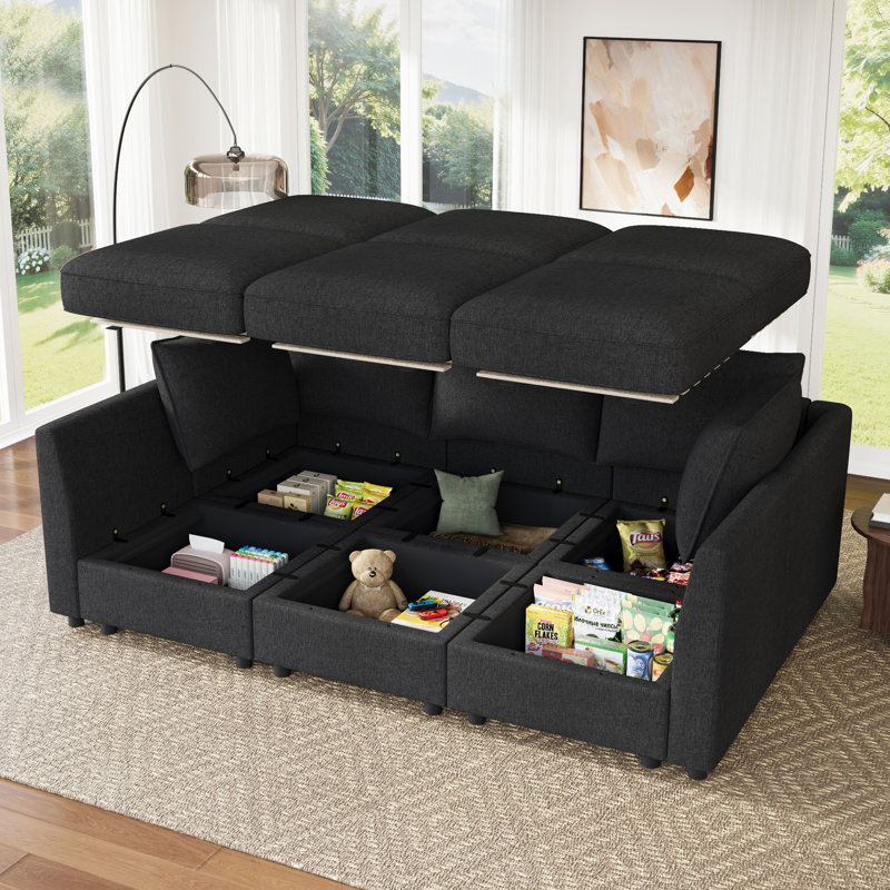 Canapé-lit modulaire rembourré en forme de L Tremee gris foncé, Polyester gris foncé