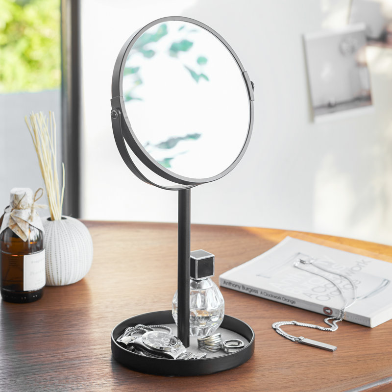 Yamazaki Home Round Standing Mirror - Bathroom And Bedroom Organizer With Tray, Steel, White