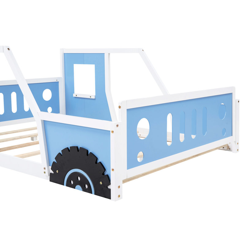 Lit bleu en forme de voiture pleine grandeur avec roulettes - Fabrication en pin et portes de style voiture Fenêtres pour intérêt Rails à lattes prêts pour le matelas Assemblage simple requis Classic In Made Caractéristiques supplémentaires Allure