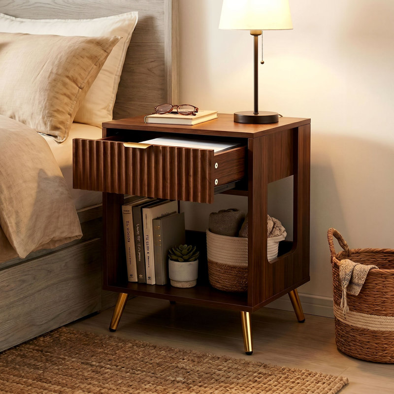 Single-drawer Nightstand with Grooved Finish and Open Storage, Walnut