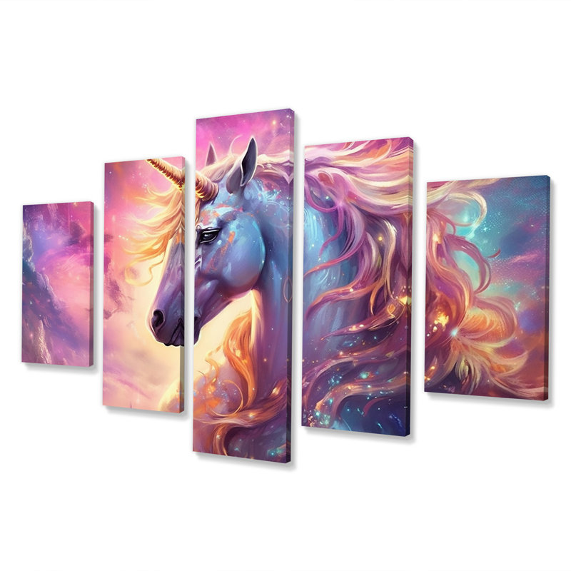 Cosmic Purple Unicorn Magic II - Fantasy Unicorn Wall Decor - 5 Panels