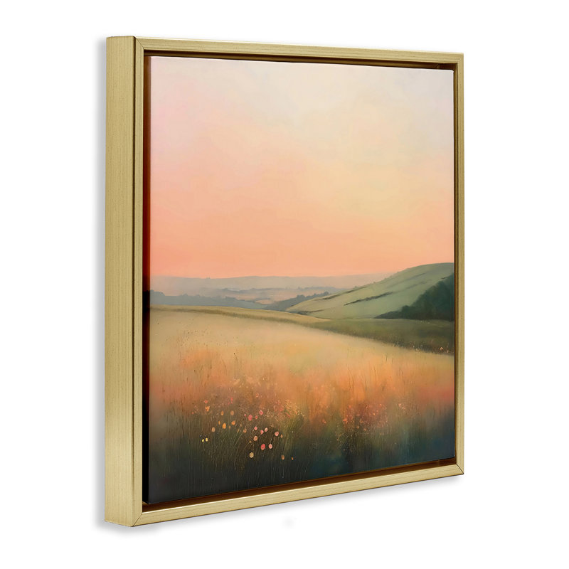 Cadre flottant avec soleil levant sur une prairie, design Creative Studio, 18 po x 18 po, Cadre flottant métallique doré