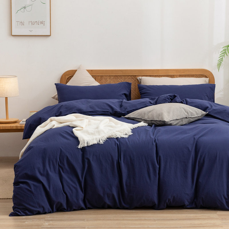 Ensemble de housse de couette 100% coton délavé Bestouch Bestouch, Marine, Housse de couette super très grand + 2 taies d'or