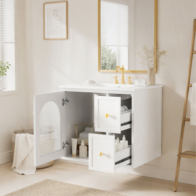 Ensemble de meuble-lavabo mural, 24 po, lavabo en céramique, 2 tiroirs, 1 porte à fermeture en douceur