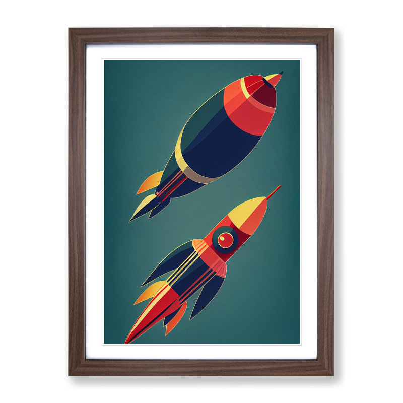 Retro Spaceship Rockets - Framed Print, 64cm H x 46cm W x 2cm D, Brown Framed