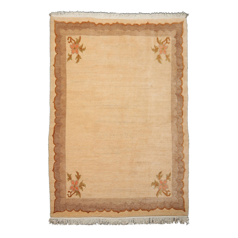 Tapis kangri classique tibétain ivoire en laine noué à la main 6 x 9