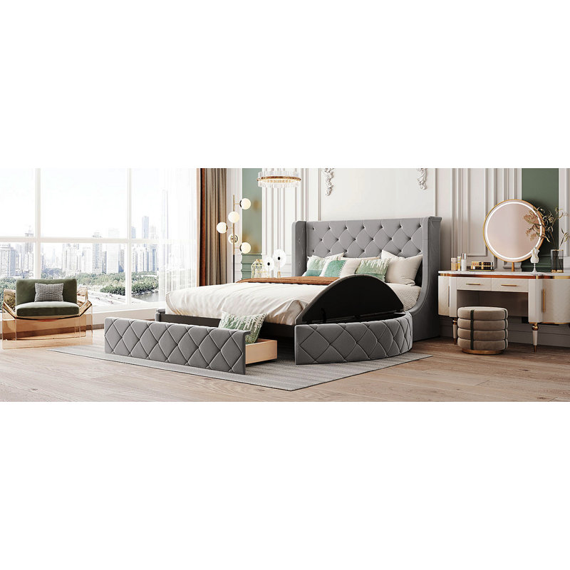 Lit plateforme tapissier en velours avec rangement Maryanna, tête de lit à oreilles, 1 grand tiroir et 2 tabourets de rangement latéraux (gris)