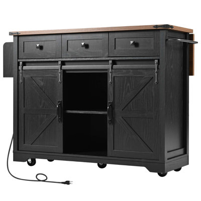 Descriptive & Feature-Rich: 53.7" Farmhouse Kitchen Island With Power Outlet & Sliding Barn Doors – Rolling Cart With Drop Leaf And Spice Rack For Home & Kitchen