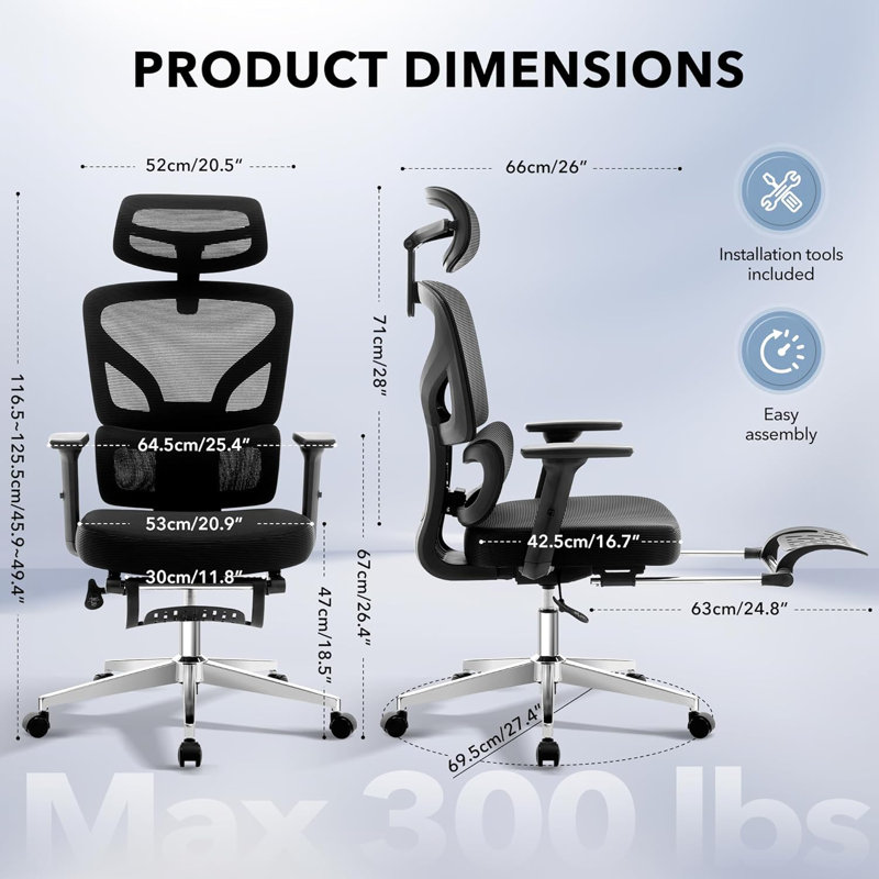 Chaise de bureau ergonomique en filet à dossier haut avec accoudoirs réglables en 3D, support lombaire réglable, inclinaison de 135 °, capacité de poids de 300 lb pour le bureau à domicile et les jeux