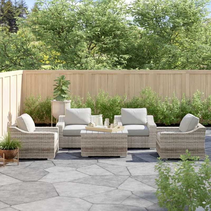 Raeshon Outdoor 5-Piece HDPE Wicker Conversation Set with Cushions