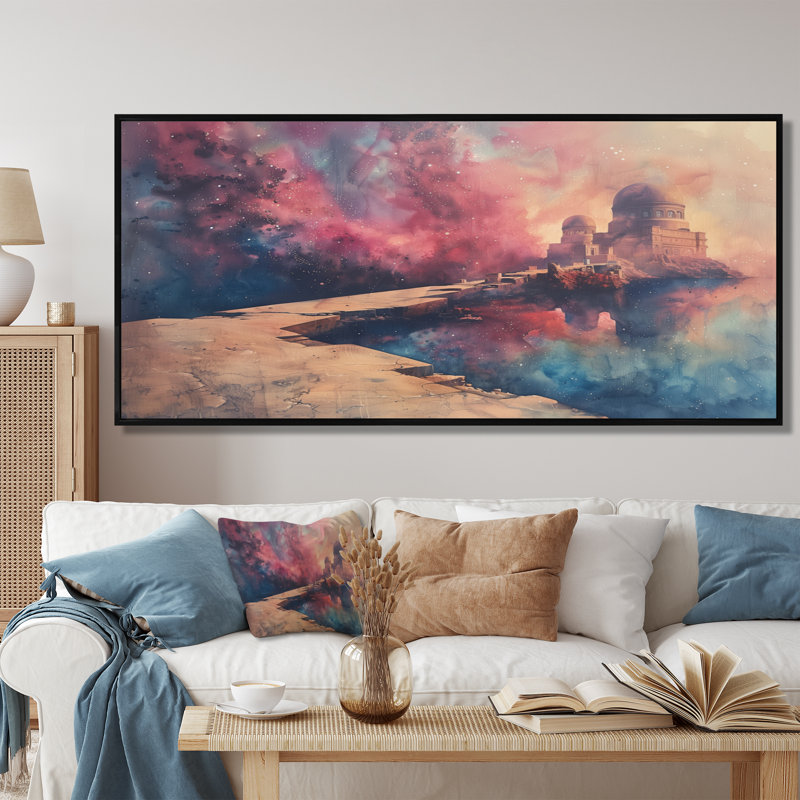 Rose, bleu, été, astral, observatoires I - Art mural, Cadre flottant noir, bois massif, H 28 po x l 60 po