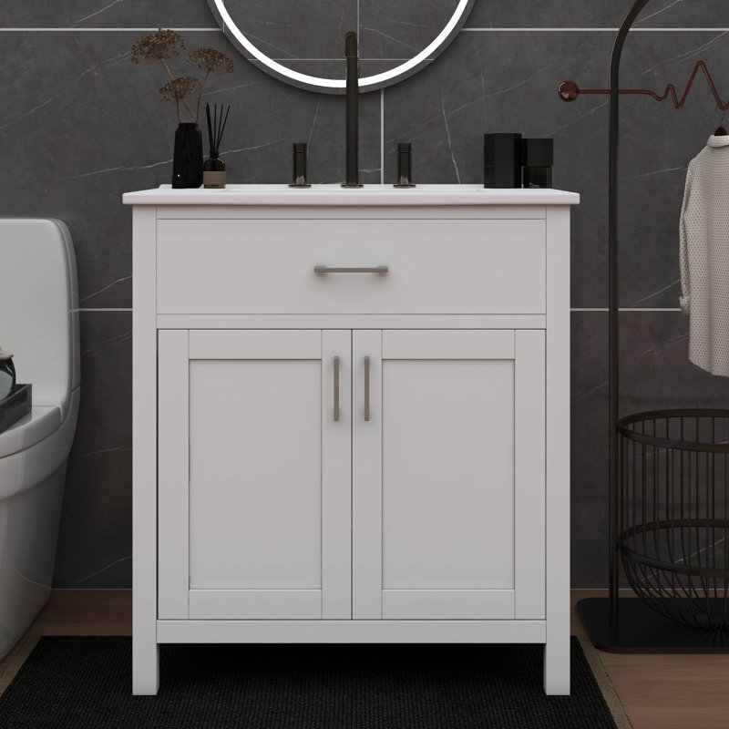 Ensemble de meuble-lavabo et lavabo autoportant de 30 pouces avec armoire à tiroirs avec lavabo en céramique et 2 portes à fermeture douce