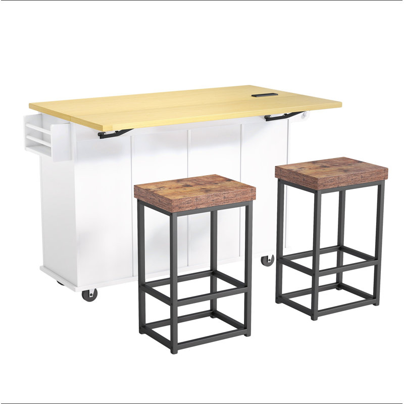 Farmhouse Kitchen Island with Drop Leaf and 2 Seatings, Kitchen Table Set with Storage Cabinet, Drawers, Door Shelves and Power Outlet