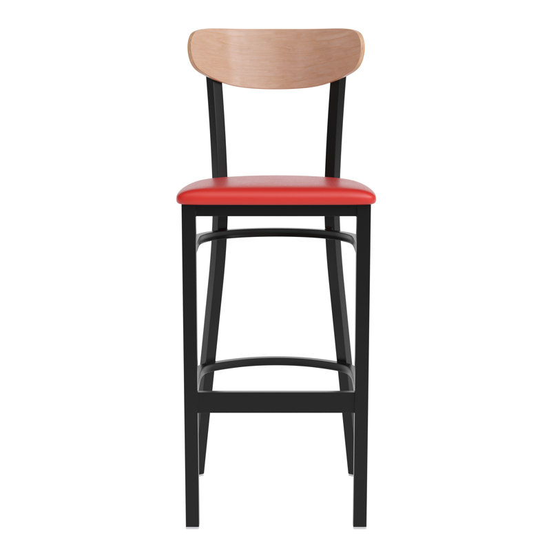 Everlena Commercial Metal Barstool with Wood Seat and Boomerang Back, Natural Birch, Red