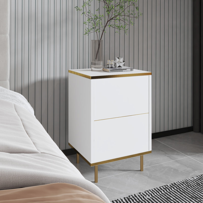 Tazeem 40cm W Manufactured Wood Bedside Table, White/Gold