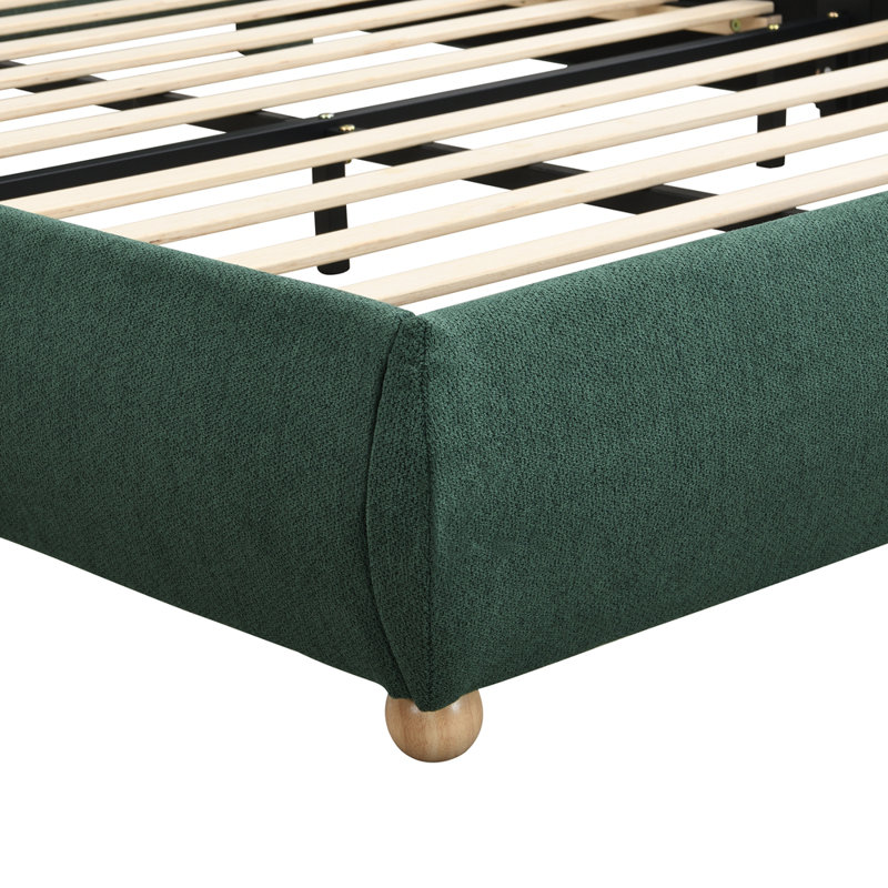 Très grande base de lit tapissier plateforme avec tête de lit arrondie à coins arrondis, lattes en bois, pieds en bois de chêne massif, tissu chenille, aucun sommier requis, assemblage facile, vert olive