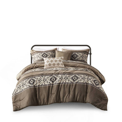 5 Piece Stripe Herringbone Comforter Set with Throw Pillows Brown Full/Queen