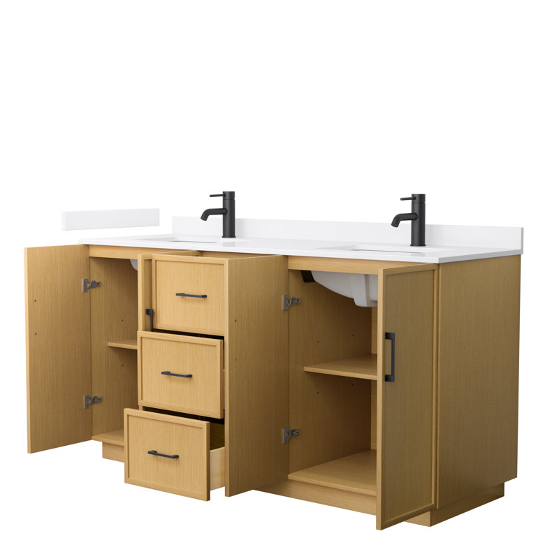 Elan TK 66" Freestanding Double Bathroom Vanity with Quartz Top, White Quartz, Light Oak, Matte Black
