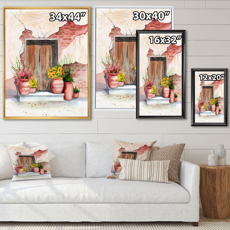Vieille porte en bois, mur de briques et quelques plantes I - reproduction sur toile, H 44 po x l 34 po