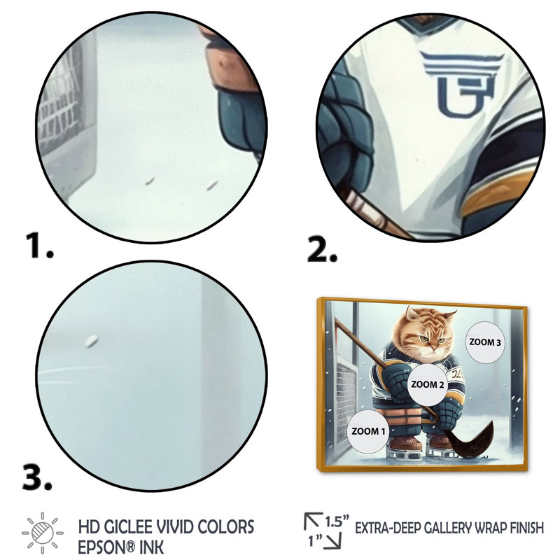 Dessin animé «Hocket Cat on Ice Rink II», impression sur toile, H 24 po x l 32 po x P 1 po, Toile avec cadre flottant or