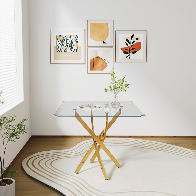 Glass Top Metal Base Dining Table, Gold