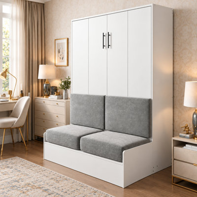 Queen Murphy Wall Bed with Integrated Upholstered Sofa, 64.4" W × 85.6" H