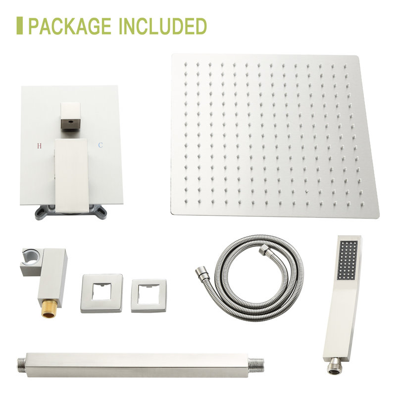Brushed Nickel Dual Shower Head, 16 Inch Square, Ceiling Mount Design Mount,, Brushed Nickel