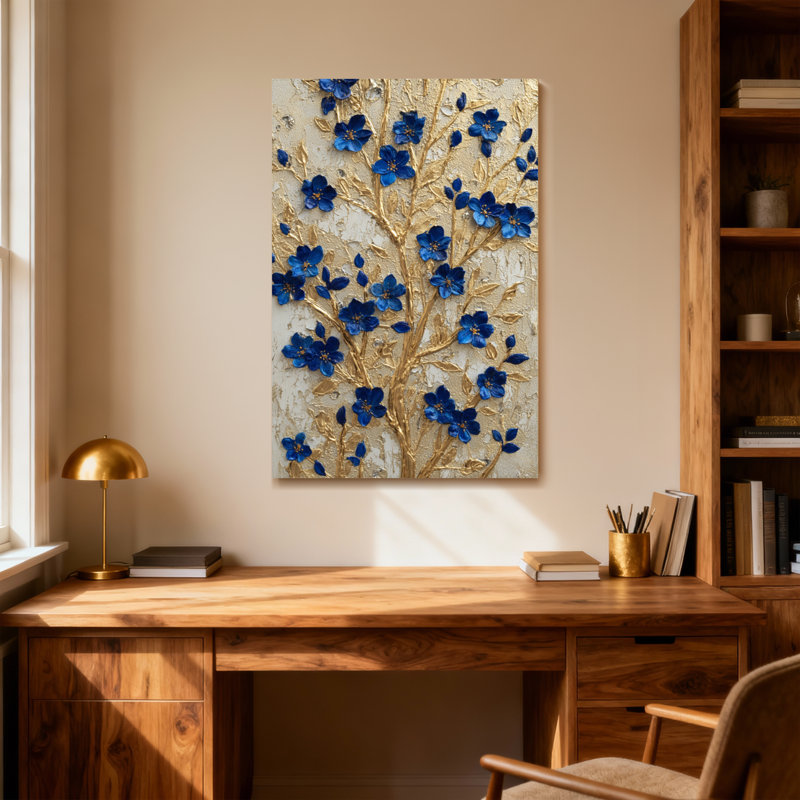 Plantes et fleurs Fleurs bleues sur motif de branches dorées