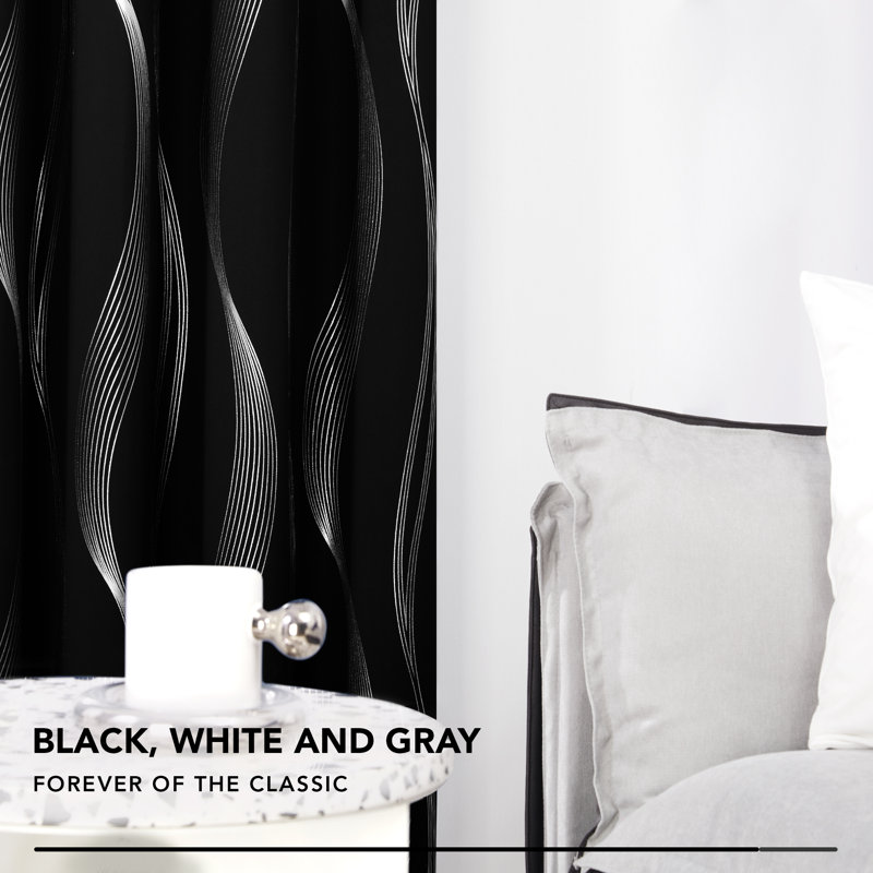 Spurgh Sliver Wave Foil Print Blackout Thermal Grommet Curtain Panels (Set of 2), 52" W x 84" L, Black
