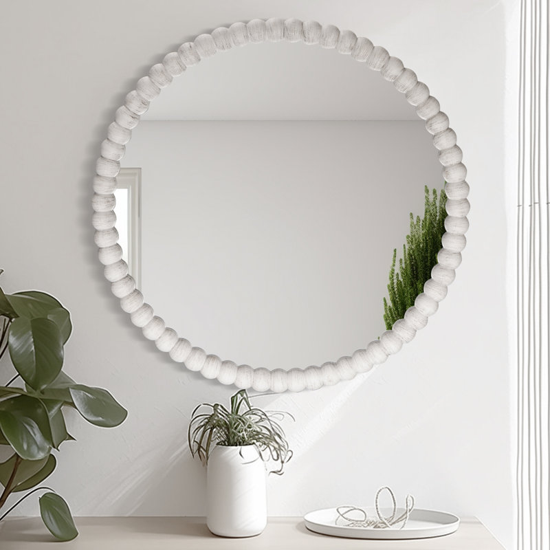 Ayde Round Solid Wood Bead Accent Mirror Home Decoration, White, 28" x 28"